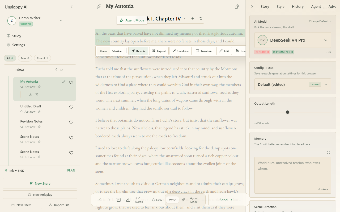 Selection rewrite view in the Unsloppy editor